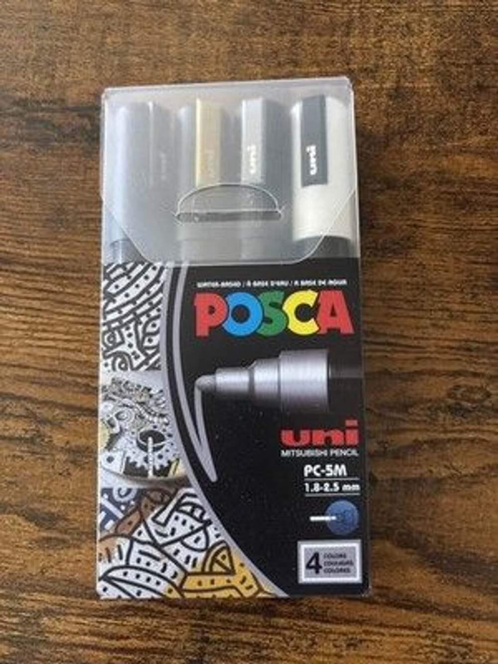 Uni Posca PC-5M Paint Marker Set 4 Colors Black White Gold Silver Water-Based